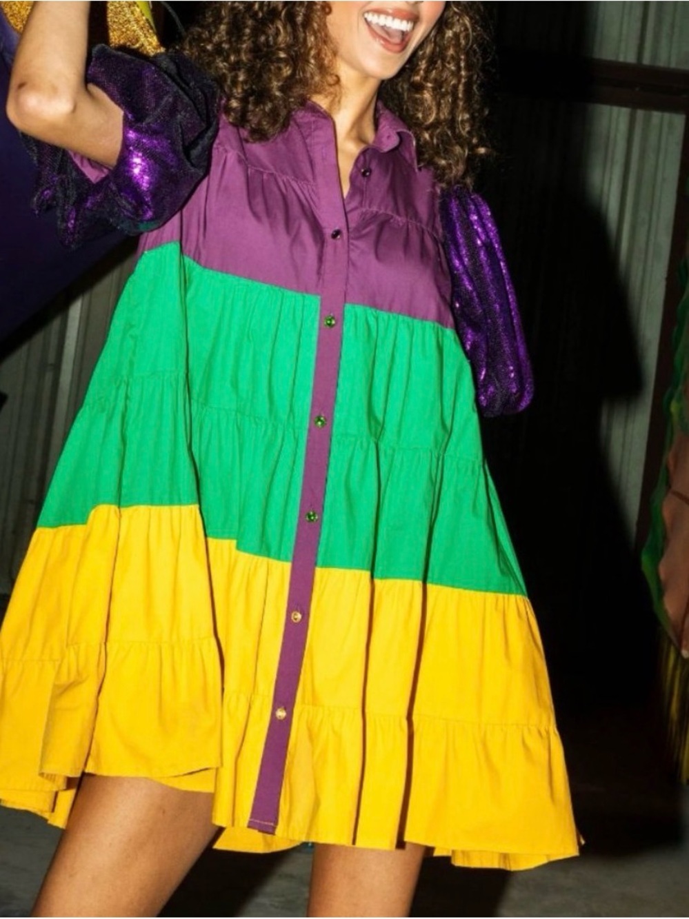 QUEEN OF SPARKLES Colorblock Tiered Mini Dress in Purple, Green & Yellow - M